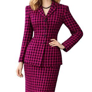 KASPER Size 14P Tweed Skirt Suit Houndstooth Magenta & Black